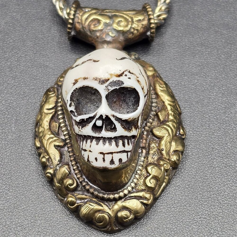 Brass Slider Pendant w Raised Resin Skull & Flower and Fish Motif on 24" Chain - Picture 7 of 10